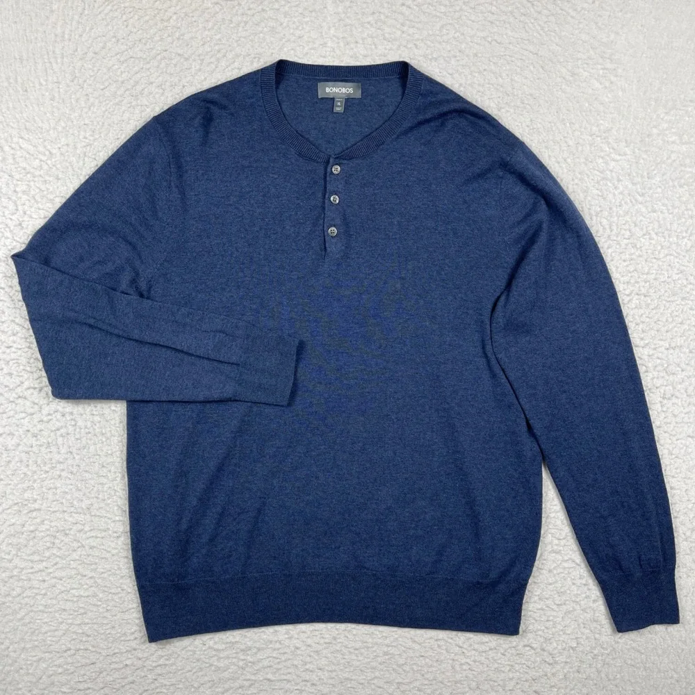 Bonobos‎ Henley Sweater Mens XL Blue Slim Fit Cotton Linen Blend Knit